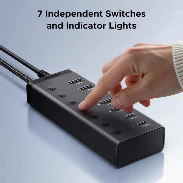 Alt view image 2 of 7 - UGREEN 7-in-1 Powered USB 3.0 Hub, 7 Ports, 5xUSB-A and 2xUSB-C, 5Gbps