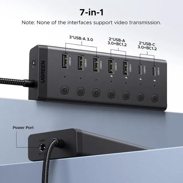 Alt view image 4 of 7 - UGREEN 7-in-1 Powered USB 3.0 Hub, 7 Ports, 5xUSB-A and 2xUSB-C, 5Gbps