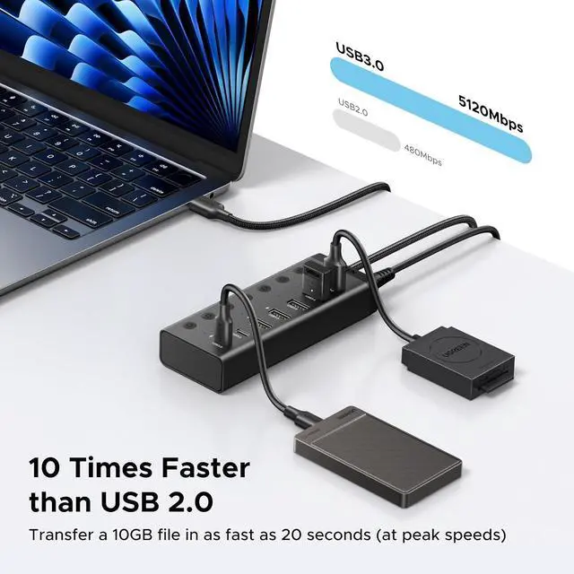 Alt view image 3 of 7 - UGREEN 7-in-1 Powered USB 3.0 Hub, 7 Ports, 5xUSB-A and 2xUSB-C, 5Gbps