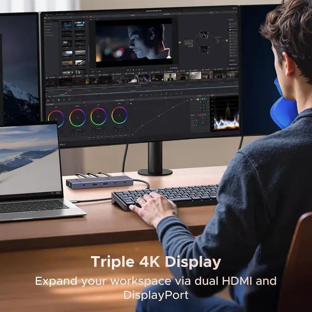 Alt view image 3 of 7 - UGREEN USB C Docking Station Triple Monitor 4K, 12-in-1 Dock with 2xHDMI+DP
