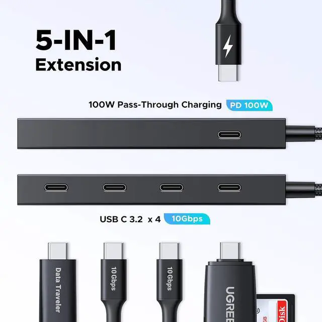 Alt view image 2 of 7 - UGREEN USB C Hub 4 Ports, Multiple USB-C 3.2 Hub, 100W PD Port, Aluminum