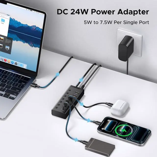 Alt view image 5 of 7 - UGREEN 7-in-1 Powered USB 3.0 Hub, 7 Ports, 5xUSB-A and 2xUSB-C, 5Gbps