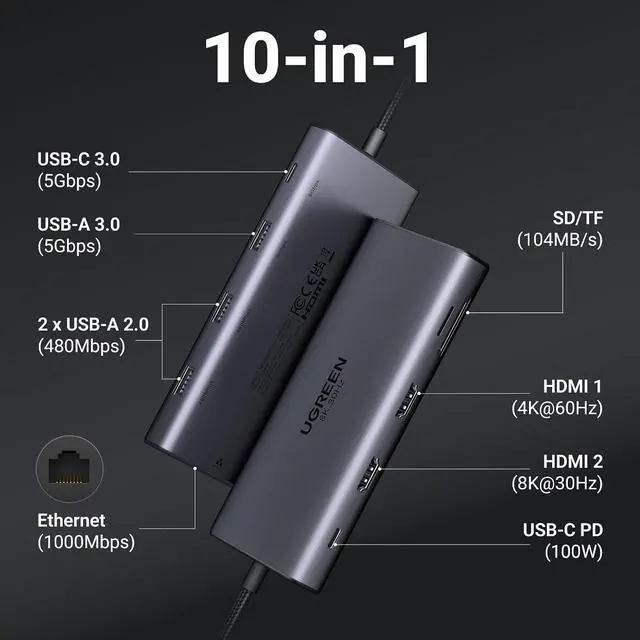 Alt view image 2 of 7 - UGREEN USB C Docking Station Dual Monitor, 10-in-1 Laptop Dock with 2 HDMI