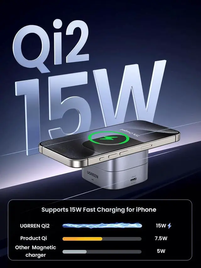 Alt view image 2 of 7 - UGREEN MagFlow Qi2 15W 2-in-1 Foldable Wireless Charging Station