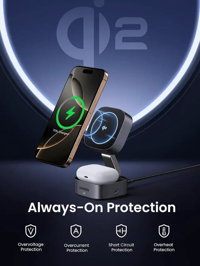 Alt view image 4 of 7 - UGREEN MagFlow Qi2 15W 2-in-1 Foldable Wireless Charging Station