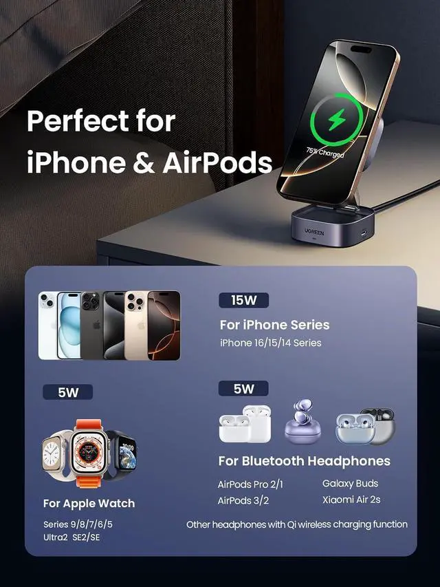 Alt view image 5 of 7 - UGREEN MagFlow Qi2 15W 2-in-1 Foldable Wireless Charging Station
