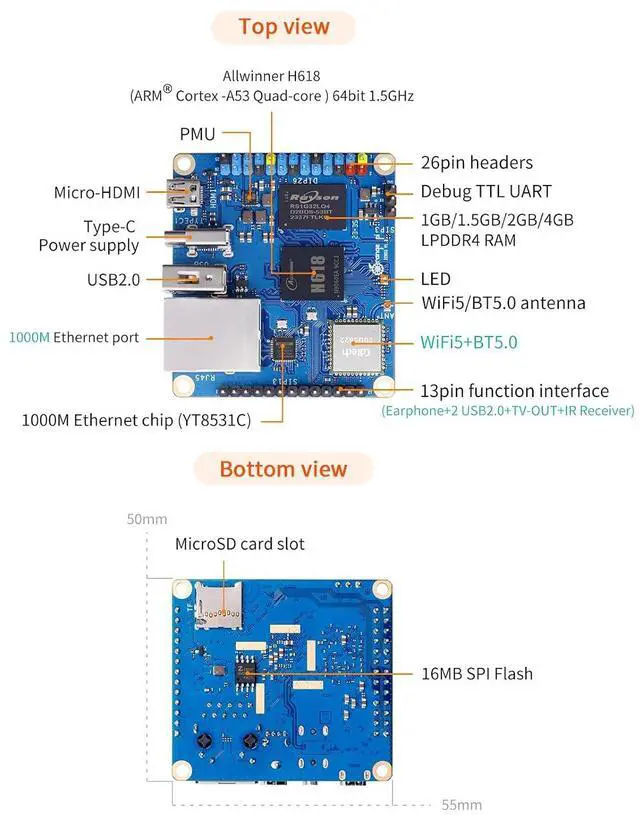 Alt view image 4 of 6 - Orange Pi Zero 3 1G Allwinner H618 LPDDR4 Quad Core 64 Bit Single Board Computer, Support 4K Display WiFi Bluetooth