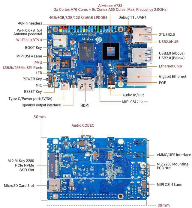 Alt view image 4 of 7 - Orange Pi 4 Pro 6GB LPDDR5 8 Core 64 Bit Single Board Computer, 3TOPS AI NPU Allwinner A733 WiFi 6 & Bluetooth 5.4 Frequency 2.0GHz Mini PC Run Android, Linux, Orange Pi OS