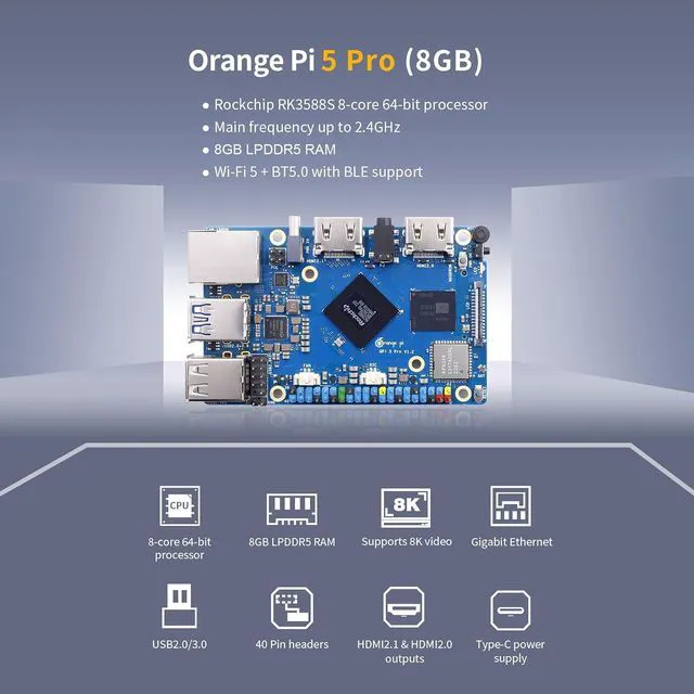Alt view image 4 of 7 - Orange Pi 5 Pro 8GB LPDDR5 RK3588S 8 Core 64 Bit Single Board Computer, 8K Video Decoding 2.4GHz Frequency WiFi Bluetooth Open Source Board Run Orange Pi OS, Android, Debian, Ubuntu