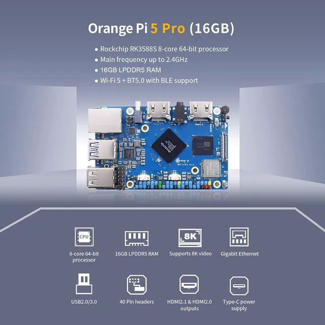 Alt view image 5 of 7 - Orange Pi 5 Pro 16GB LPDDR5 RK3588S 8 Core 64 Bit Single Board Computer, 8K Video Decoding 2.4GHz Frequency WiFi Bluetooth Open Source Board Run Orange Pi OS, Android, Debian, Ubuntu