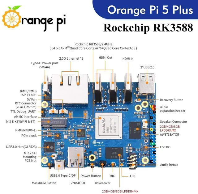 Alt view image 2 of 7 - Orange Pi 5 Plus 16GB Rockchip RK3588 8 Core 64 Bit Single Board Computer, 2.4GHz Frequency 8K Video Decoding Open Source Development Board Run Orange Pi OS, Android, Debian, Ubuntu (5 Plus 16G)