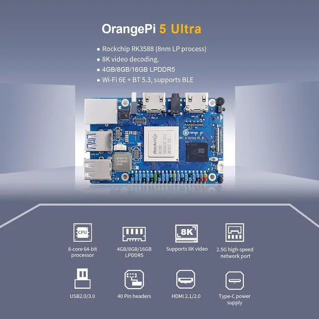 Alt view image 7 of 7 - Orange Pi 5 Ultra 16GB RAM LPDDR5 Rockchip RK3588 Development Board, 8K Video Decoding 2.4GHz Frequency M.2 PCIE 2.5G LAN Wi-Fi 6E+BT 5.3/BLE Single Board Computer