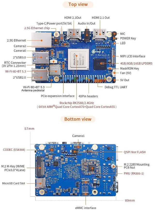 Alt view image 4 of 7 - Orange Pi 5 Max 8GB RAM LPDDR5 Rockchip RK3588 Development Board, 8K Video Decoding 2.4GHz Frequency M.2 PCIE 2.5G LAN Wi-Fi 6E+BT 5.3/BLE Orange Pi 5 MAX Single Board Computer