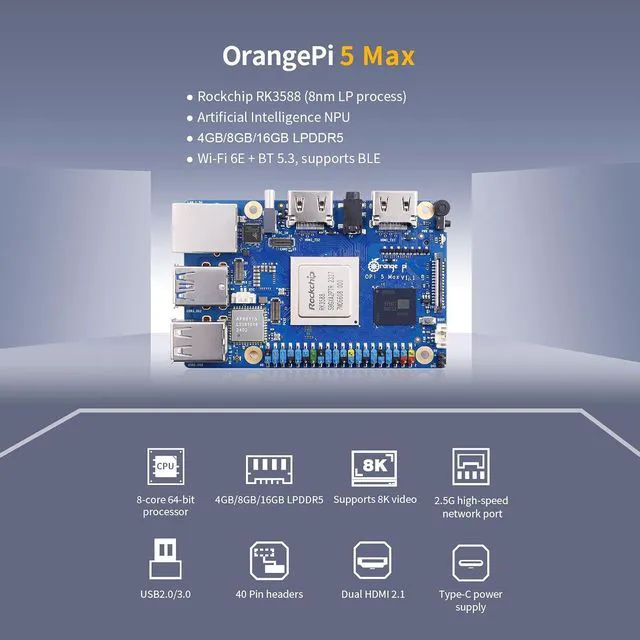 Alt view image 6 of 7 - Orange Pi 5 Max 8GB RAM LPDDR5 Rockchip RK3588 Development Board, 8K Video Decoding 2.4GHz Frequency M.2 PCIE 2.5G LAN Wi-Fi 6E+BT 5.3/BLE Orange Pi 5 MAX Single Board Computer
