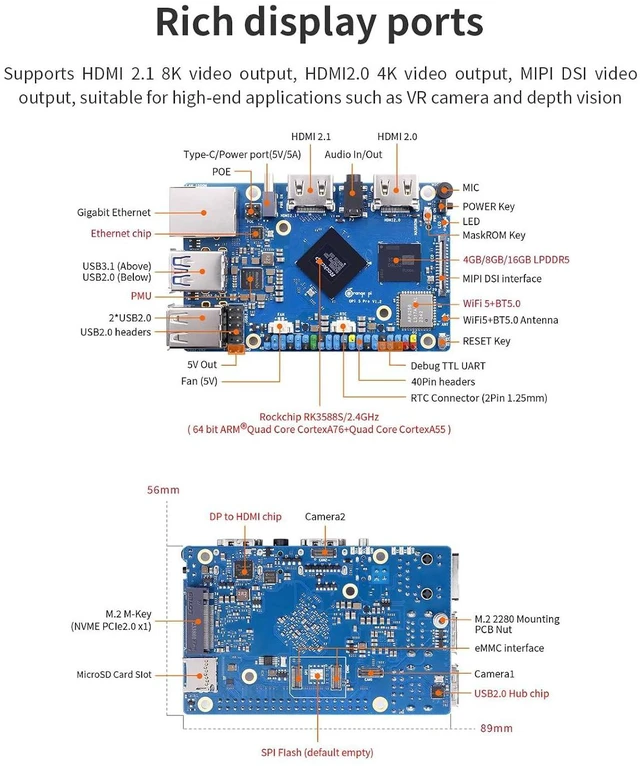 Alt view image 2 of 7 - Orange Pi 5 Pro 8GB LPDDR5 RK3588S 8 Core 64 Bit Single Board Computer, 8K Video Decoding 2.4GHz Frequency WiFi Bluetooth Open Source Board Run Orange Pi OS, Android, Debian, Ubuntu