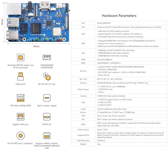 Alt view image 2 of 7 - Orange Pi 3B 8G V2.1 Version RK3566 Quad Core 64 Bit Single Board Computer, 1.8 GHz Frequency WiFi Bluetooth Open Source Board Run Orange Pi OS, Android, Debian, Ubuntu, OpenHarmony (Pi 3B 8GB)