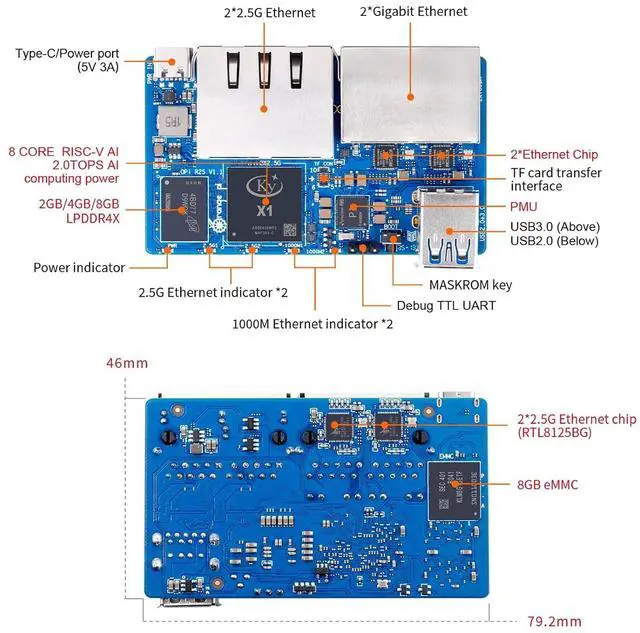Alt view image 3 of 7 - Orange Pi R2S 8GB RAM LPDDR4X with 8GB eMMC Flash RISC V 8 Core 2Tops Al Arithmetic Power Development Board, 2.5G High-Speed Dual LAN Ports Single Board Computer