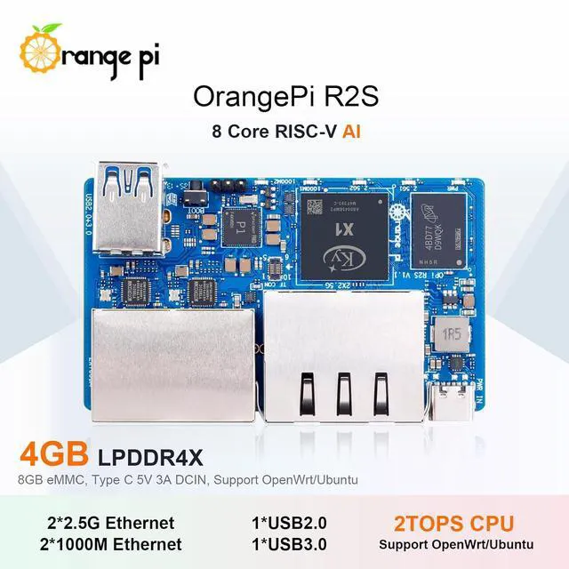 Alt view image 7 of 7 - Orange Pi R2S 4GB RAM LPDDR4X with 8GB eMMC Flash RISC V 8 Core 2Tops Al Arithmetic Power Development Board, 2.5G High-Speed Dual LAN Ports Single Board Computer (4GB)