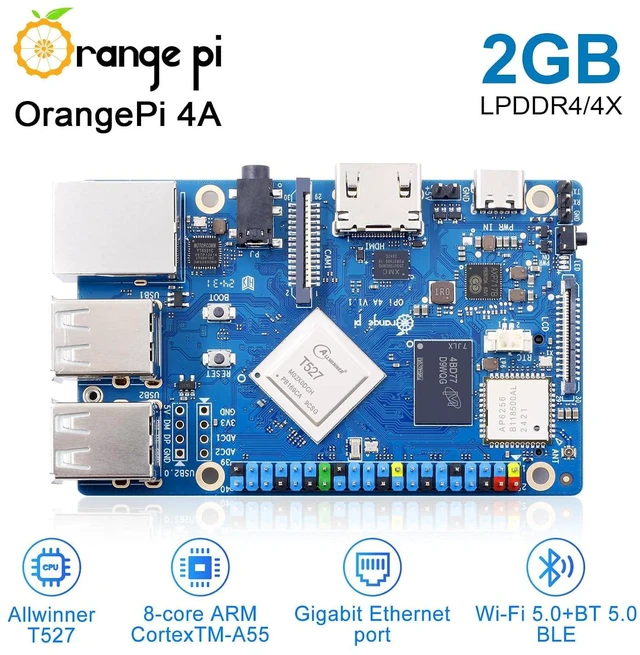 Alt view image 2 of 7 - Orange Pi 4A 2GB LPDDR4/4X Allwinner T527 Single Board Computer, 8 Core RISC-V Co-Processor 2 Tops NPU 1.8GHz Frequency Wi-Fi 5.0+BT 5.0,BLE Run Ubuntu, Debian, Android13 (Pi 4A 2GB+Supply)