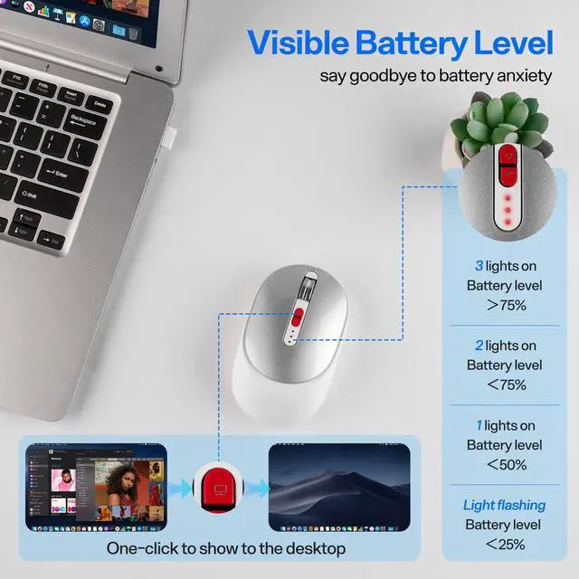 Alt view image 4 of 7 - The new three-mode Bluetooth wireless mouse features battery level display, one-click return to desktop, mute function and rechargeable feature. black