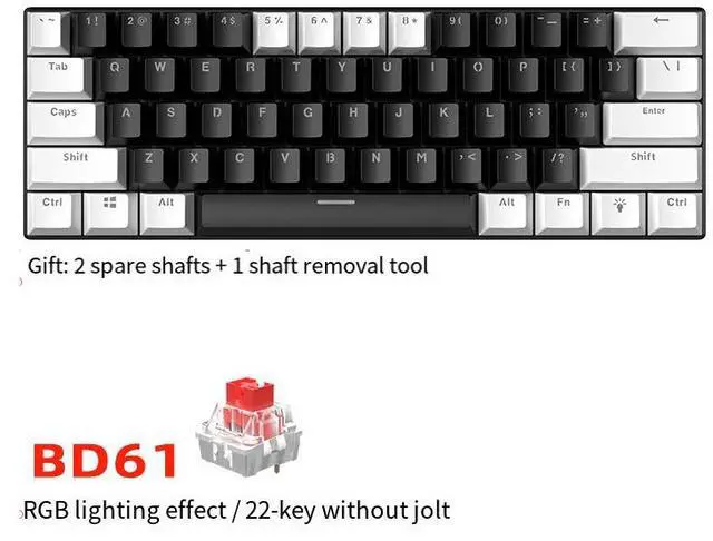 Main image of Mechanical keyboard BD61 with red and blue keys, dual-color RGB backlighting, hot-swappable, designed for gaming, wired keyboard 61 key - black and white - RGB -red axis