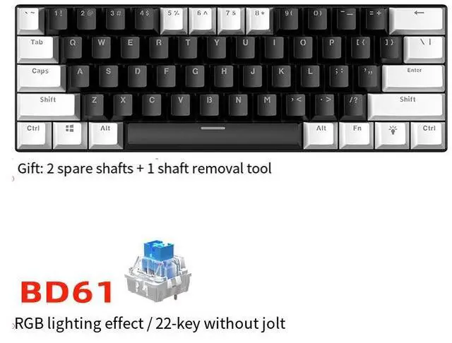 Main image of Mechanical keyboard BD61 with red and blue keys, dual-color RGB backlighting, hot-swappable, designed for gaming, wired keyboard 61 key - black and white - RGB - blue axis
