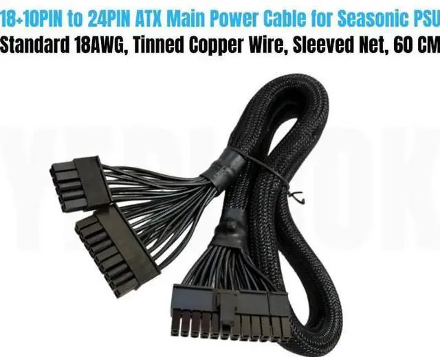 Alt view image 2 of 5 - 18+10pin to 24Pin ATX Power Cable for Seasonic KM3 Series X-750 X-850 SS-1050XP3 M12II Evo Series 520 620 650 750 850 Snow Silent 750 1050 FOCUS PLUS Gold Modular Power, Sleeved Net 60CM 18AWG