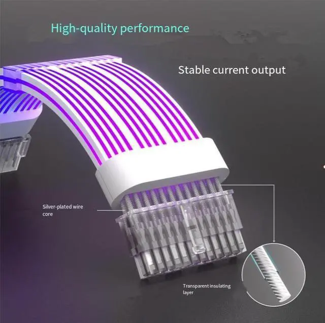 Alt view image 4 of 6 - Computer accessory RGB 24-pin ATX power extension cable for gaming PC motherboard - neon-colored power supply line black