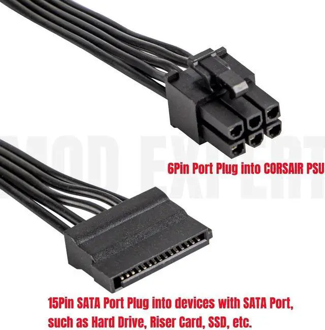 Alt view image 4 of 6 - 6Pin to 4x SATA 15Pin Straight for HX750i HX850i HX1000i HX1200i Modular PSUs Hard Drive HDD SSD Power Cable 18AWG 50+15+15+15CM
