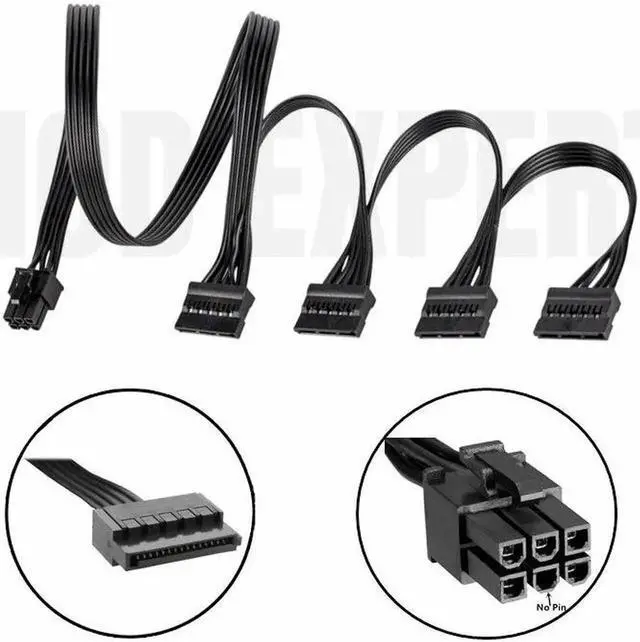 Main image of 6Pin to 4x SATA 15Pin Straight for HX750i HX850i HX1000i HX1200i Modular PSUs Hard Drive HDD SSD Power Cable 18AWG 50+15+15+15CM