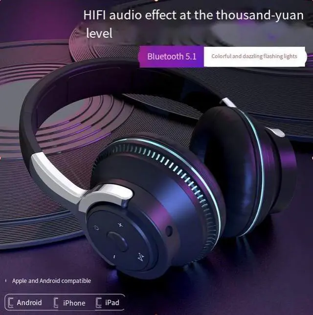 Alt view image 4 of 7 - Wireless over-ear Bluetooth headphones with bass stereo sound card, colorful LED display, computer headset white