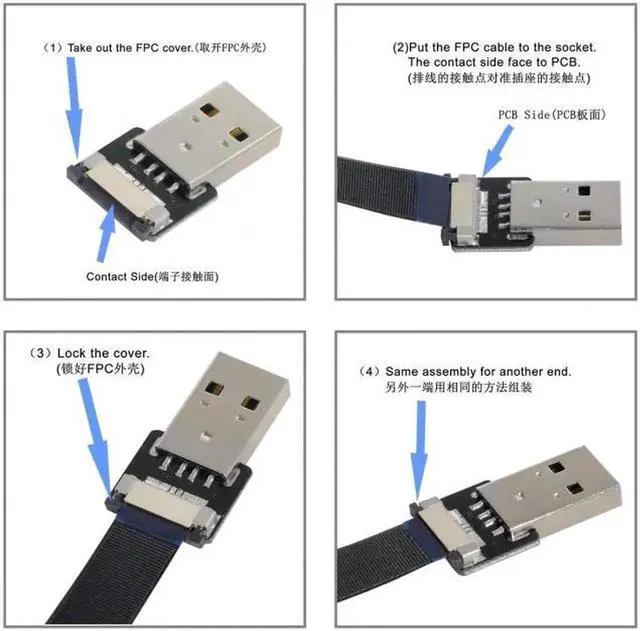 Alt view image 7 of 7 - Up Down Angled USB 2.0 Type-A Male to USB-C Type-C Male Data Flat Slim FPC Cable for FPV and Disk and Phone 1.5"Feet