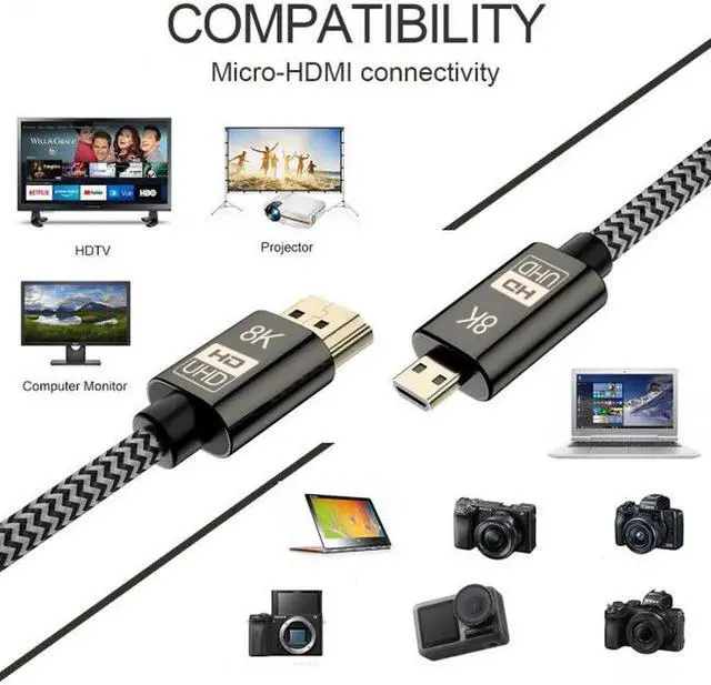 Alt view image 6 of 7 - Micro HDMI to HDMI 2.1 Ultra-HD UHD 8K 60hz 4K 120hz Cable 48Gbs HDMI Cord for Camera Tablet