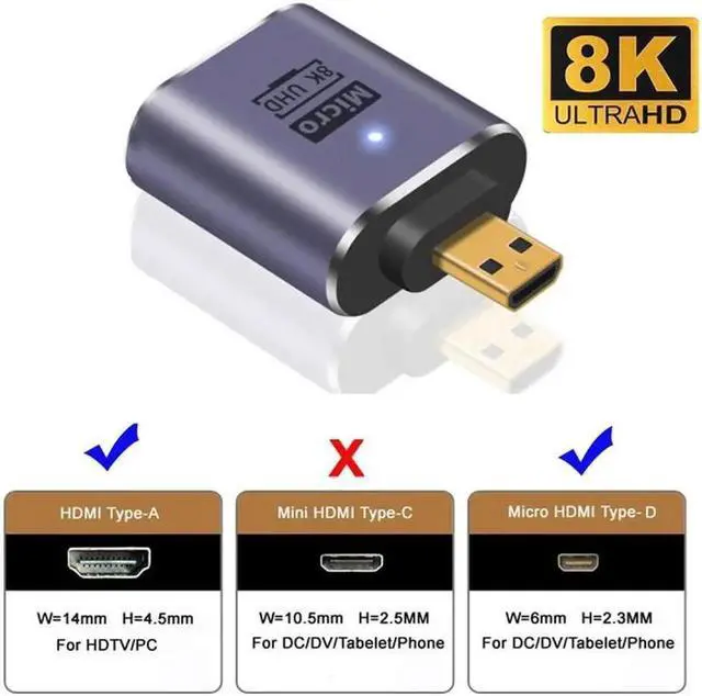 Alt view image 4 of 7 - Micro HDMI Male to HDMI 2.1 Female UHD Extension Gold Converter Adapter Support 8K 60hz HDTV