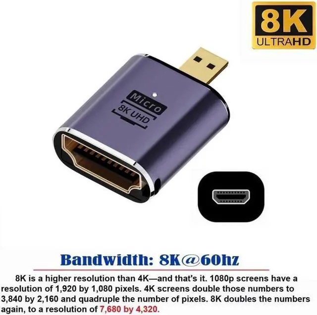 Alt view image 2 of 7 - Micro HDMI Male to HDMI 2.1 Female UHD Extension Gold Converter Adapter Support 8K 60hz HDTV