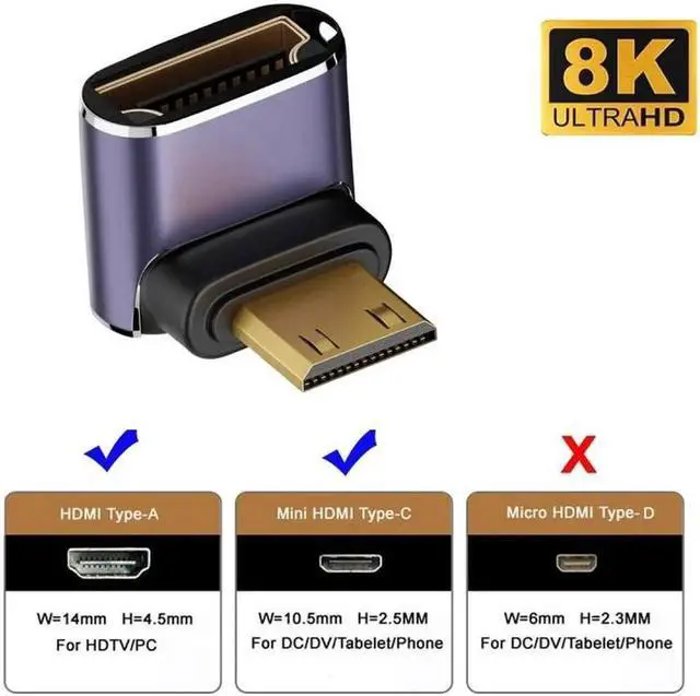 Alt view image 5 of 7 - Down Angled Mini HDMI Male to HDMI 2.1 Female UHD Extension Gold Converter Adapter Support 8K 60hz HDTV