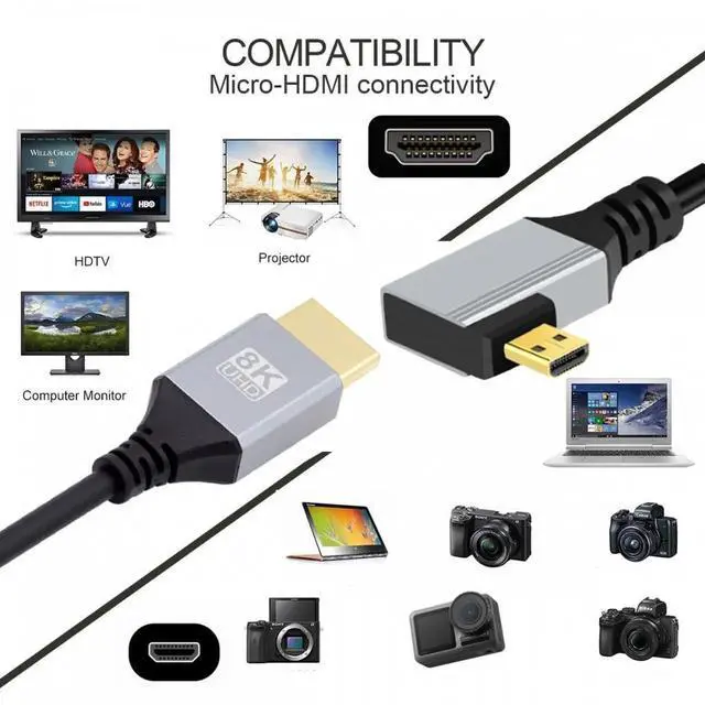 Alt view image 2 of 7 - 90 Degree Left Angled Micro HDMI 2.1 Ultra Thin HDTV Cable 8K 4K Hyper Super Flexible Slim Cord Type-A to Type-D for Camera HDTV