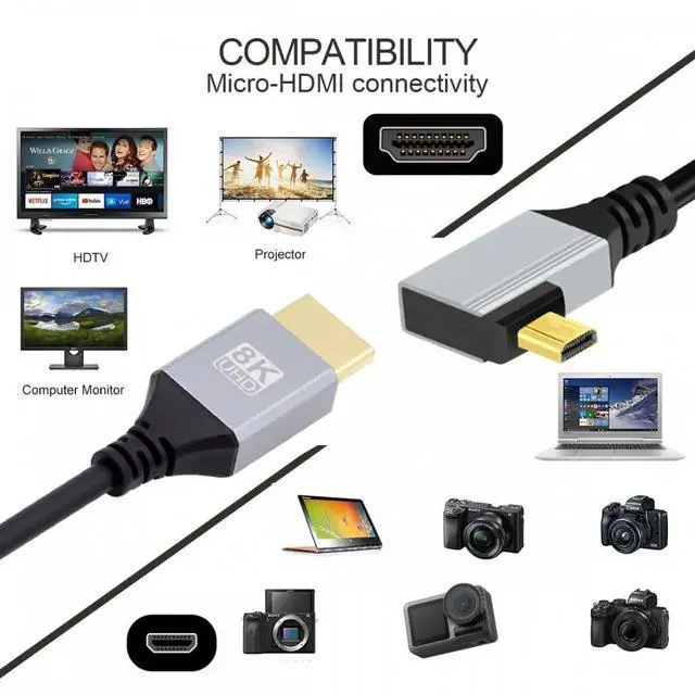 Alt view image 3 of 7 - 90 Degree Right Angled Micro HDMI 2.1 Ultra Thin HDTV Cable 8K 4K Hyper Super Flexible Slim Cord Type-A to Type-D for Camera HDTV