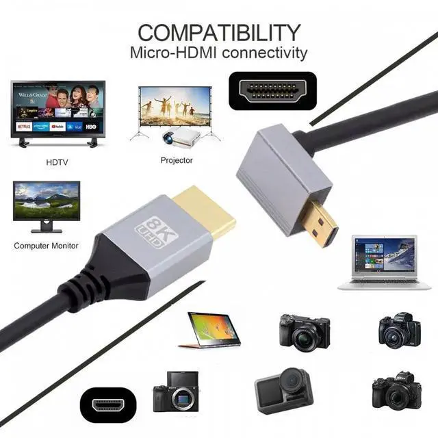 Alt view image 2 of 7 - 90 Degree Down Angled Micro HDMI 2.1 Ultra Thin HDTV Cable 8K 4K Hyper Super Flexible Slim Cord Type-A to Type-D for Camera HDTV