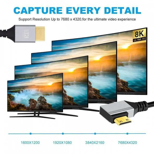 Alt view image 6 of 7 - 90 Degree Right Angled Mini HDMI 2.1 Ultra Thin HDTV Cable 8K 4K Hyper Super Flexible Slim Cord Type-A to Type-C for Camera HDTV