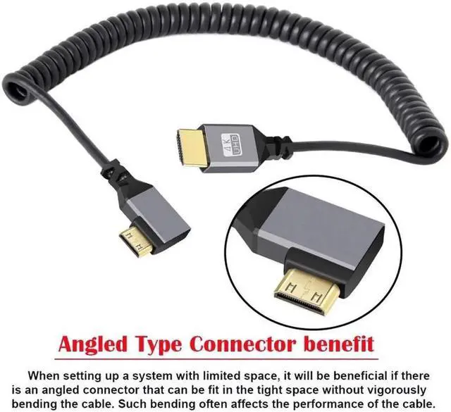 Alt view image 2 of 7 - Mini HDMI 2.0 Male to HDMI Male 4K 60hz Stretch Coiled Cable Left Angled 90 Degree for HDTV Computer Laptop Monitor