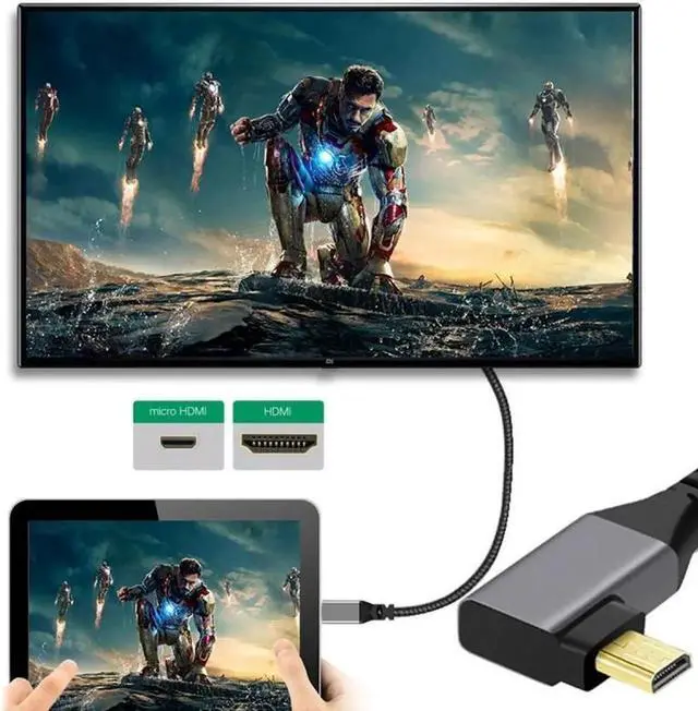 Alt view image 3 of 7 - Micro HDMI 2.0 Male to HDMI Male 4K 60hz Stretch Coiled Cable Right Angled 90 Degree for HDTV Computer Laptop Monitor