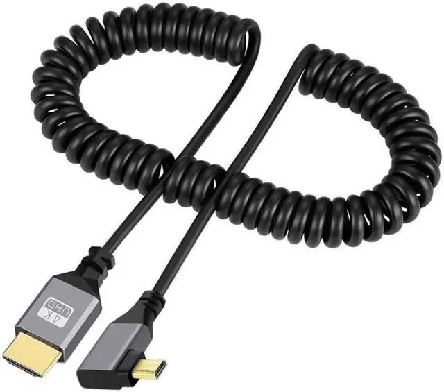 Main image of Micro HDMI 2.0 Male to HDMI Male 4K 60hz Stretch Coiled Cable Right Angled 90 Degree for HDTV Computer Laptop Monitor