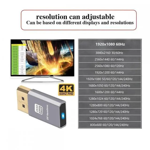 Alt view image 6 of 7 - 4K@60Hz DP Virtual Display Displayport Active Adapter Dummy Plug Headless Ghost Emulator 1080p@120Hz