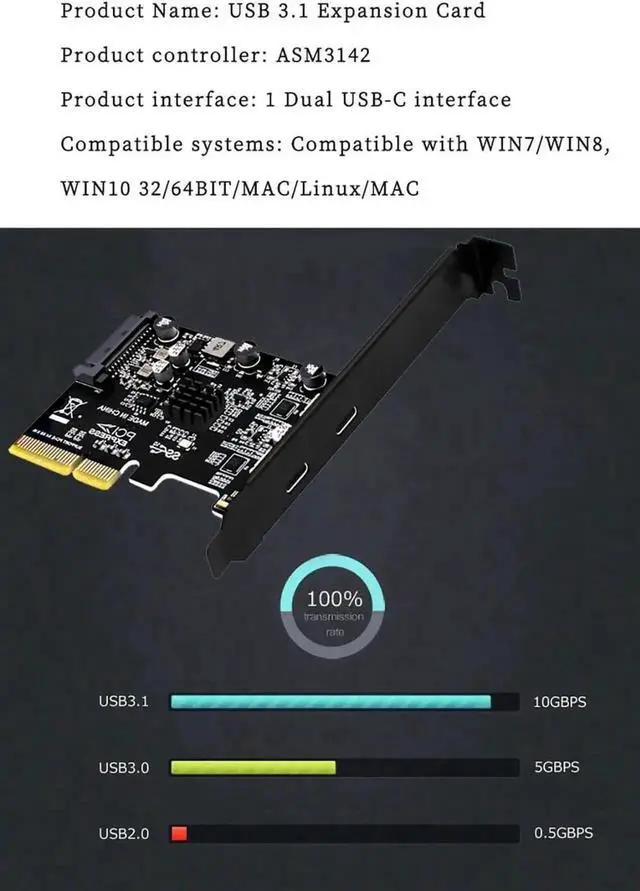 Alt view image 5 of 7 - PH65CC PCIE3.0 to USB3.1 + USB-C Expansion Card 10Gbps with Full and Half Baffle Support PCI-E X4 X8 X16