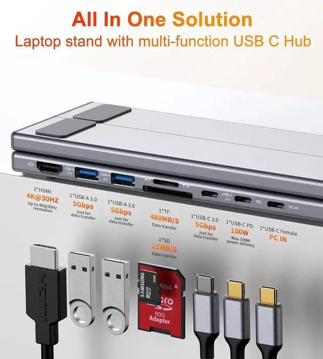 Alt view image 4 of 7 - USB C Laptop Docking Station Stand, USB C Dock Tablet Stand, 8 in 1 USB C Hub with 4K HDMI, 2 USB 3.0, PD 100W, Universal Dock Station for MacBook Pro/Air/Dell/HP/Surface/Lenovo, Plug and Play