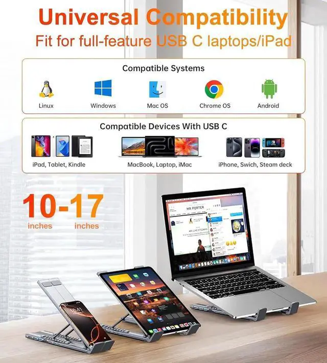 Alt view image 2 of 7 - USB C Laptop Docking Station Stand, USB C Dock Tablet Stand, 8 in 1 USB C Hub with 4K HDMI, 2 USB 3.0, PD 100W, Universal Dock Station for MacBook Pro/Air/Dell/HP/Surface/Lenovo, Plug and Play