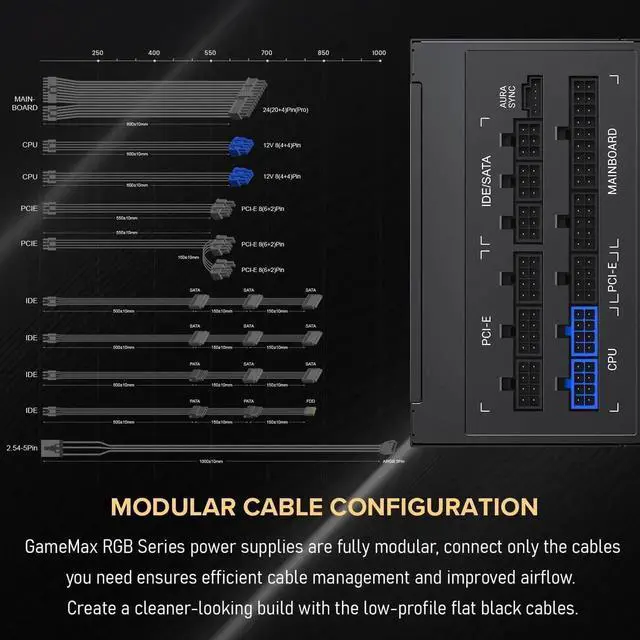 Alt view image 3 of 7 - Power Supply 850W Fully Modular 80+ Gold Certified with Addressable RGB Light - Vairous Color Mode, RGB-850W