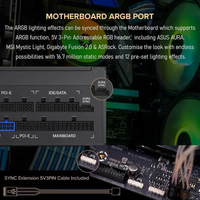 Alt view image 4 of 7 - Power Supply 850W Fully Modular 80+ Gold Certified with Addressable RGB Light - Vairous Color Mode, RGB-850W