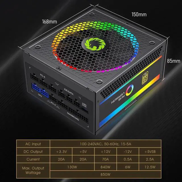 Alt view image 2 of 7 - Power Supply 850W Fully Modular 80+ Gold Certified with Addressable RGB Light - Vairous Color Mode, RGB-850W